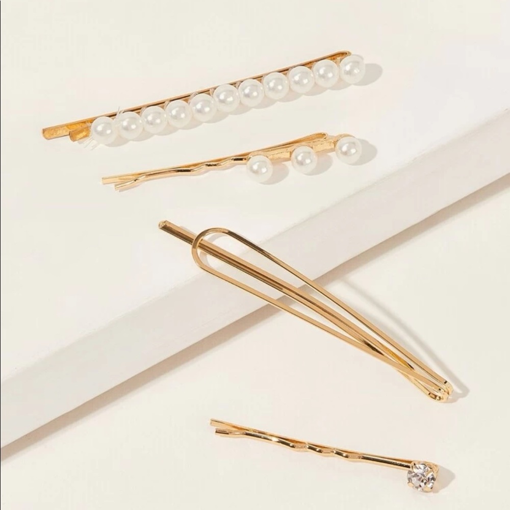 4 Piece Gold + Pearl Hair Clip Set - Picture 1 of 3